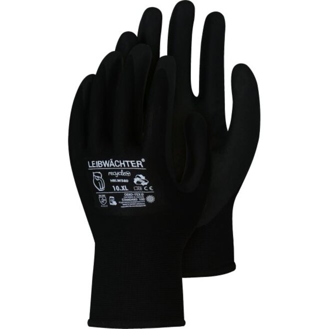Leibwächter RLW580 Onyx, Recycle Polyester-Handschuh mit Nitril-Beschichtung, SB-Karte