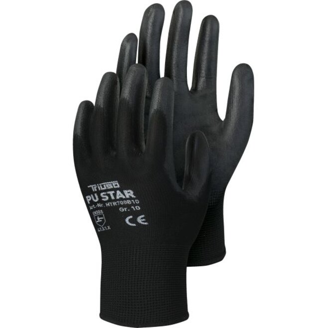 TR700B, PU-Star black, Polyester-Handschuh mit PU-Beschichtung, Polybeutel, paarweise mit EAN