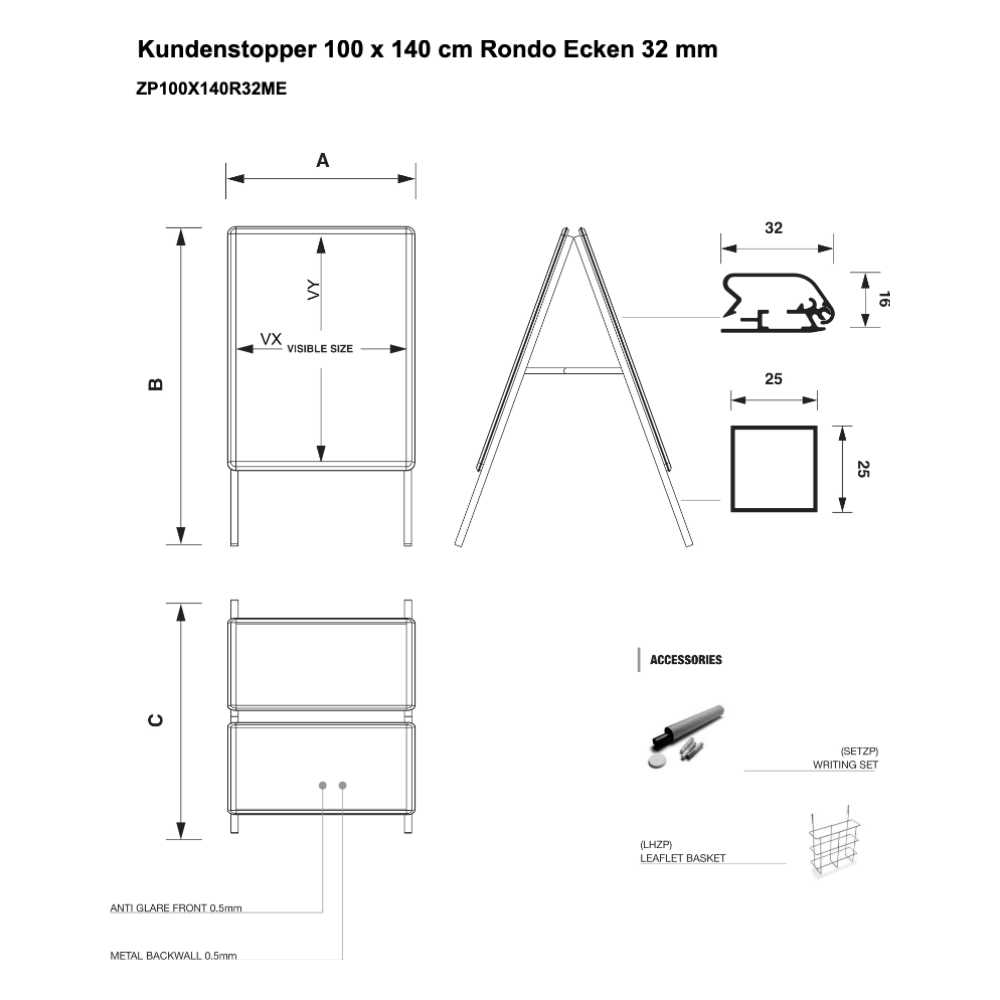 Maßskizze Kundenstopper 100 x 140 cm Rondo Ecken 32 mm