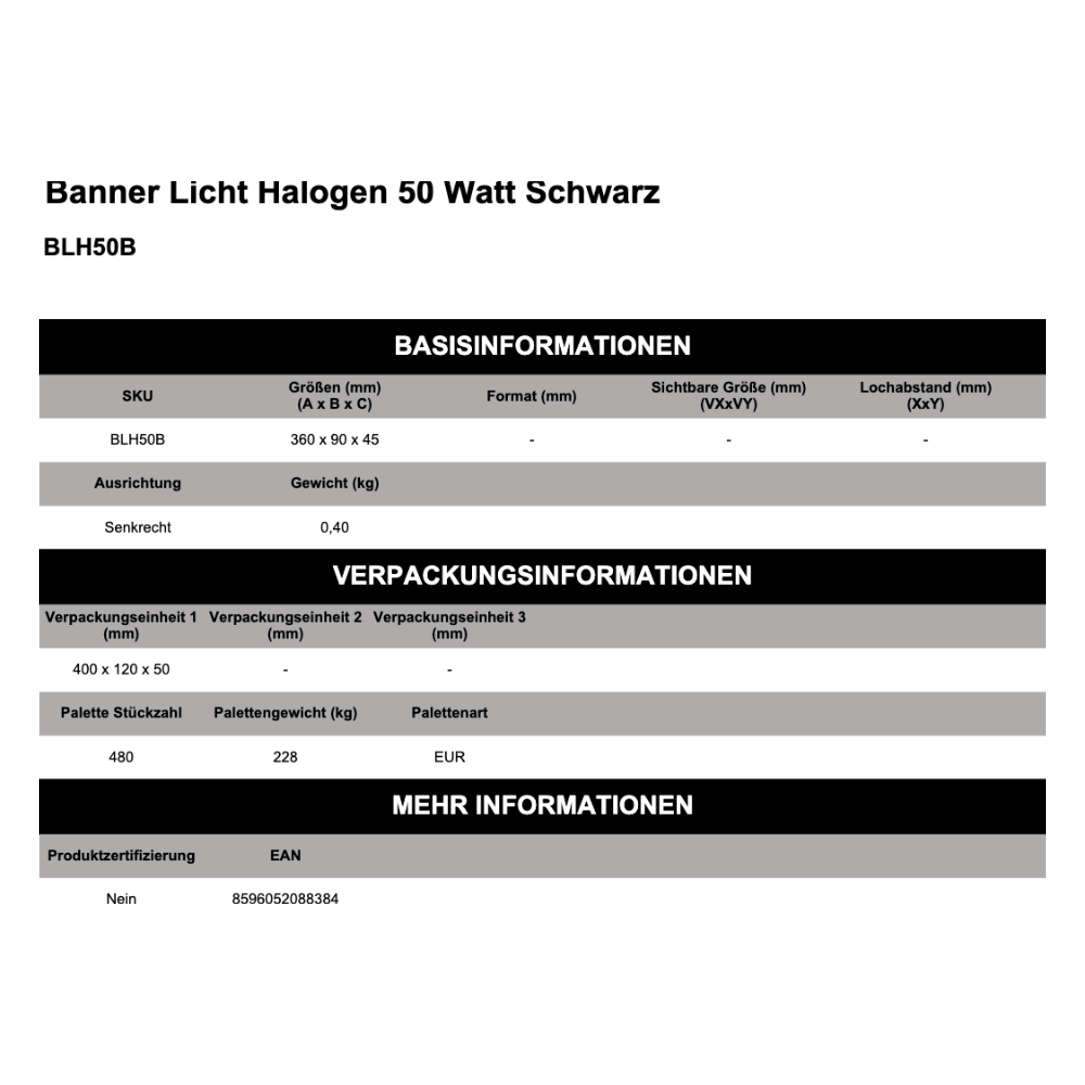 Maßskizze Banner Licht Halogen 50 Watt Schwarz