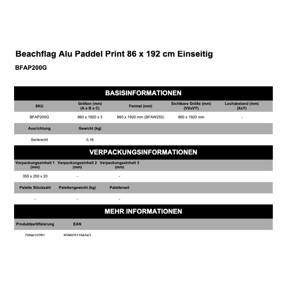 Maßskizze Beachflag Alu Paddel Print