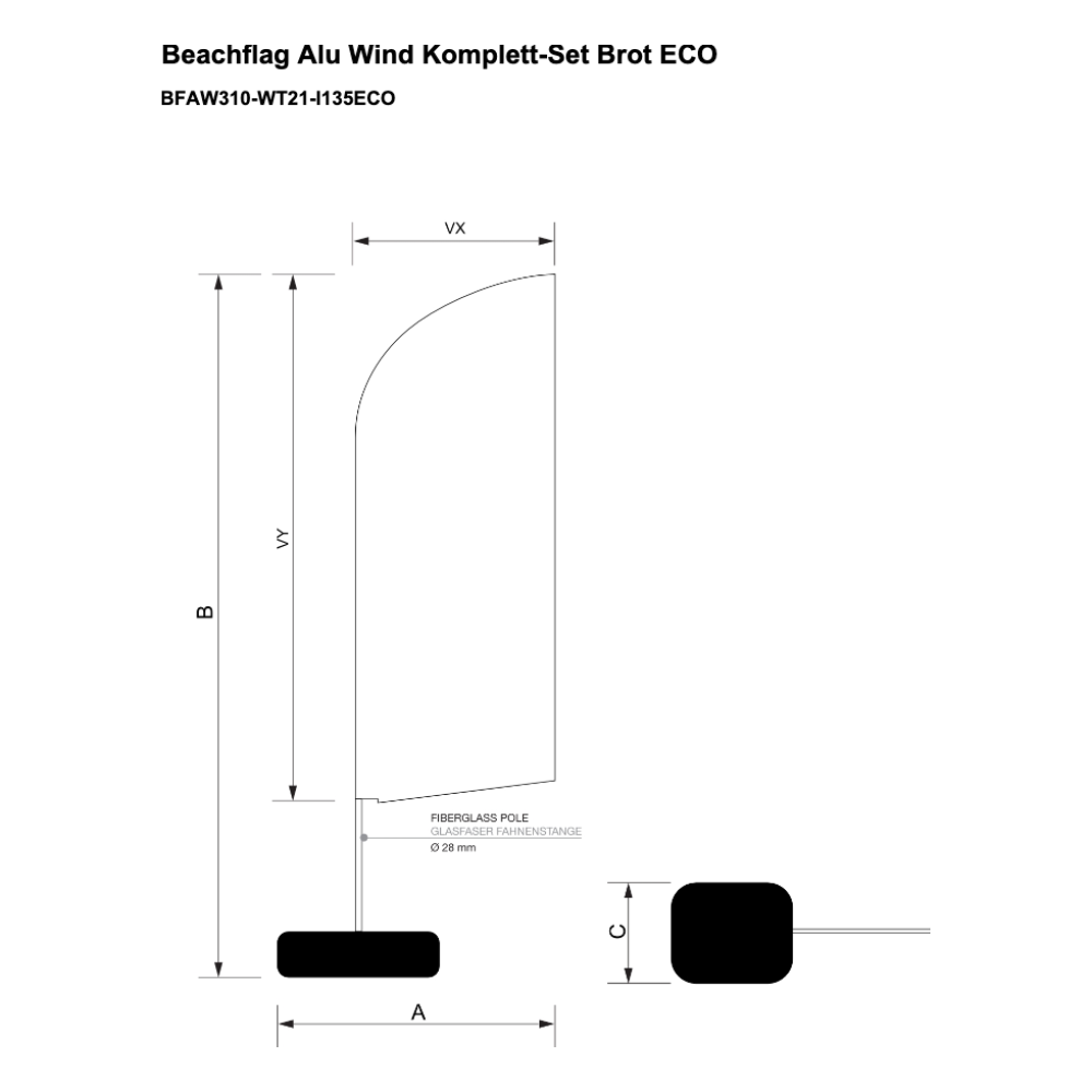 Maßskizze Beachflag Alu Wind Komplett-Set Brot