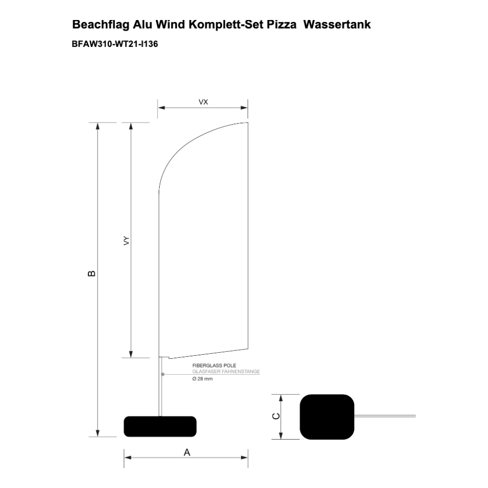 Maßskizze Beachflag Alu Wind Komplett-Set Pizza