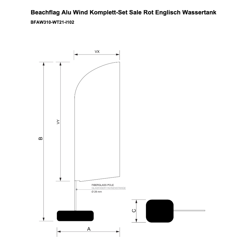 Maßskizze Beachflag Alu Wind Komplett-Set Sale