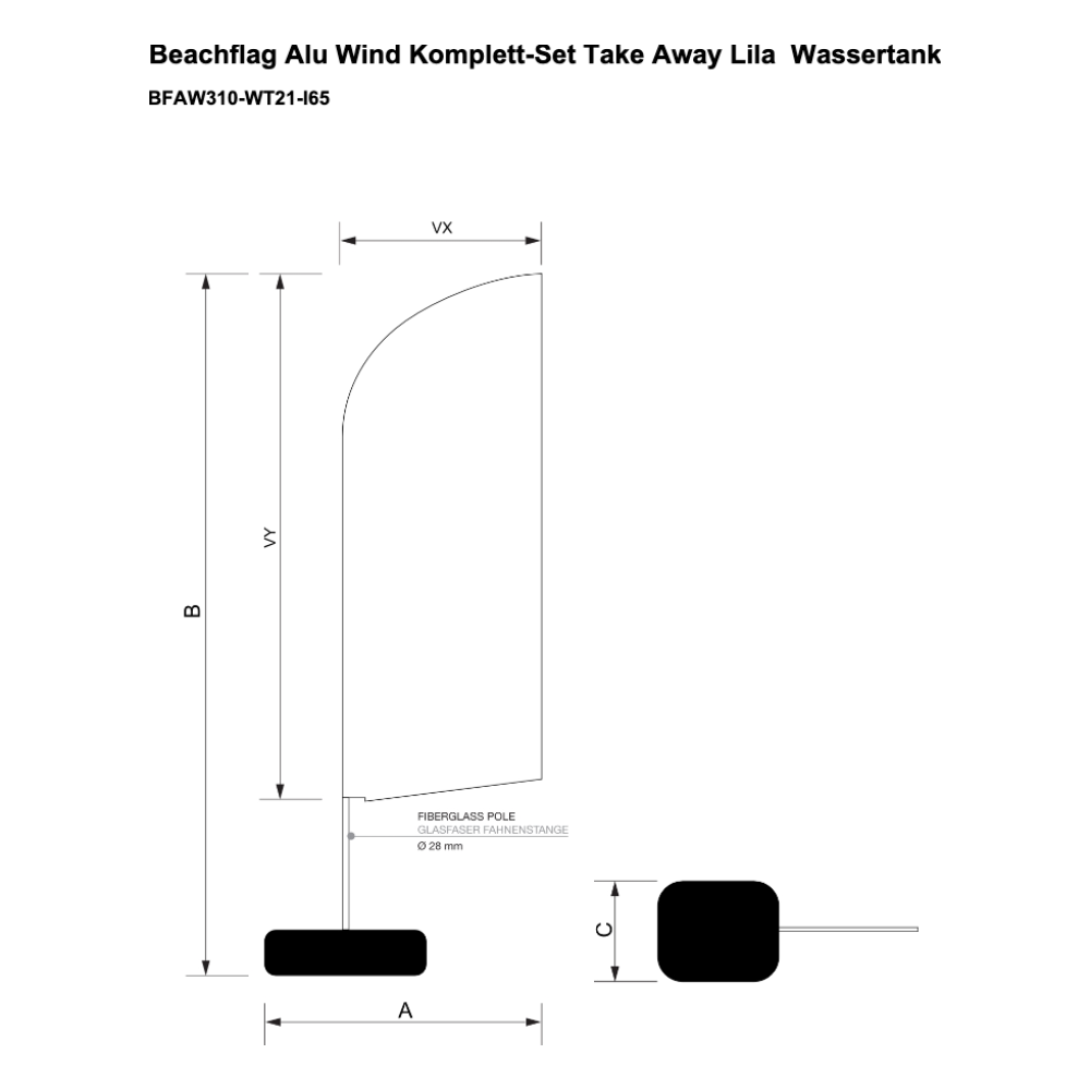 Maßskizze Beachflag Alu Wind Komplett-Set Take Away