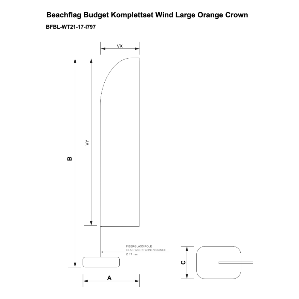 Maßskizze Beachflag Budget Set Wind Large Large Orange Crown