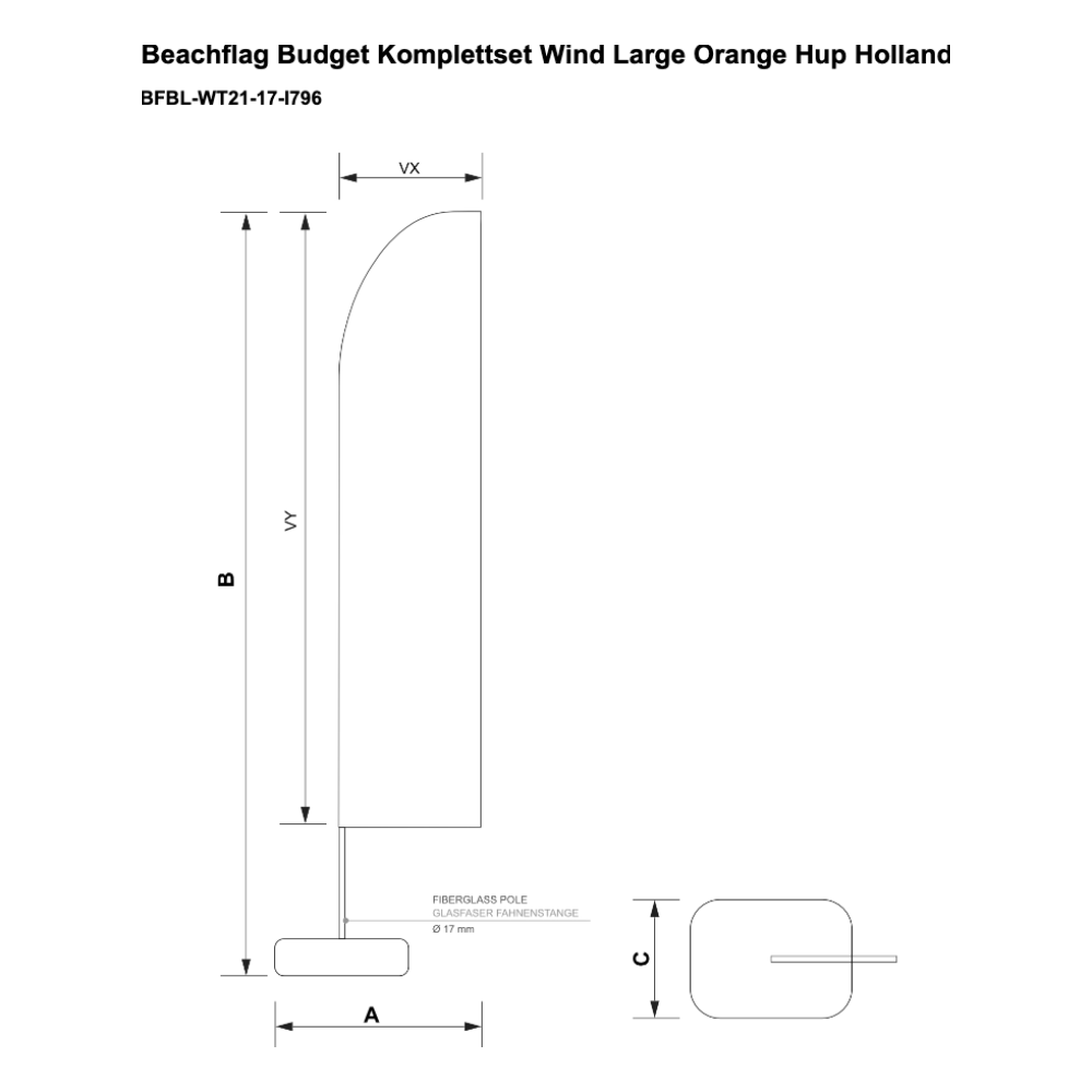 Maßskizze Beachflag Budget Set Wind Large Hup Holland Hup