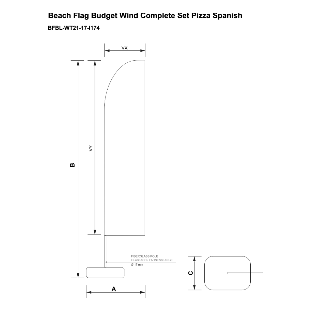 Maßskizze Beachflag Budget Set Wind Large Pizza
