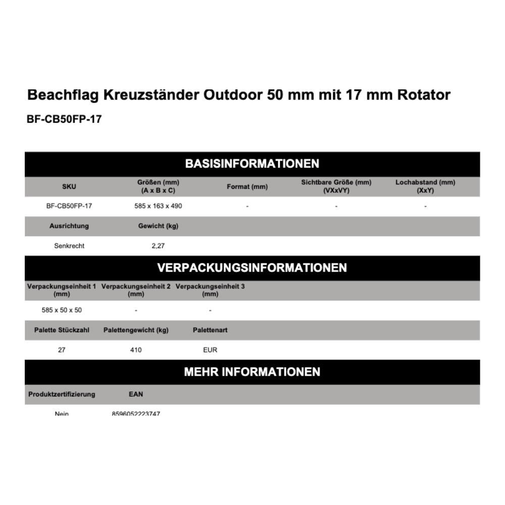 Maßskizze Beachflag Kreuzständer Outdoor 50 mm mit 17 mm Rotator