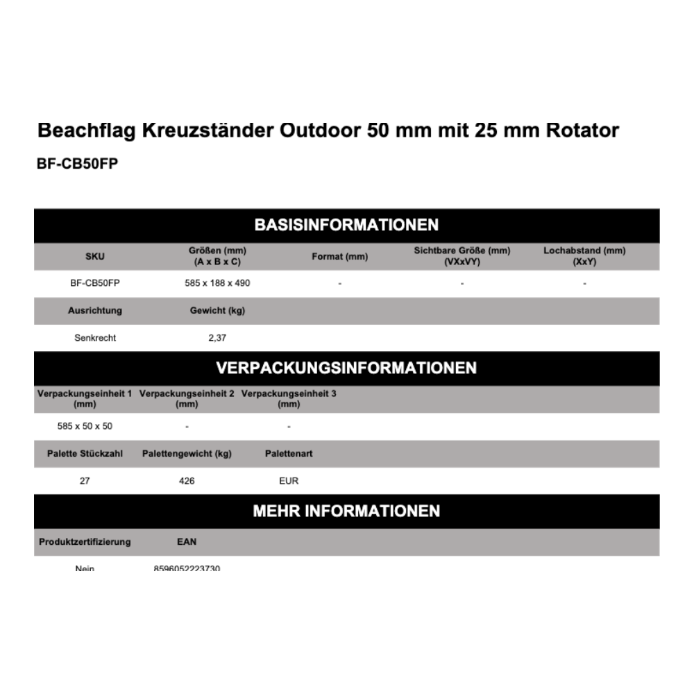 Maßskizze Beachflag Kreuzständer Outdoor 50 mm mit 25 mm Rotator