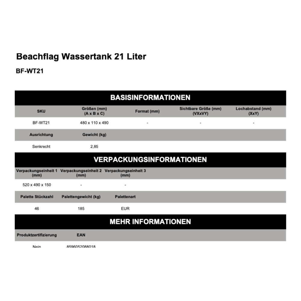 Maßskizze Beachflag Wassertank