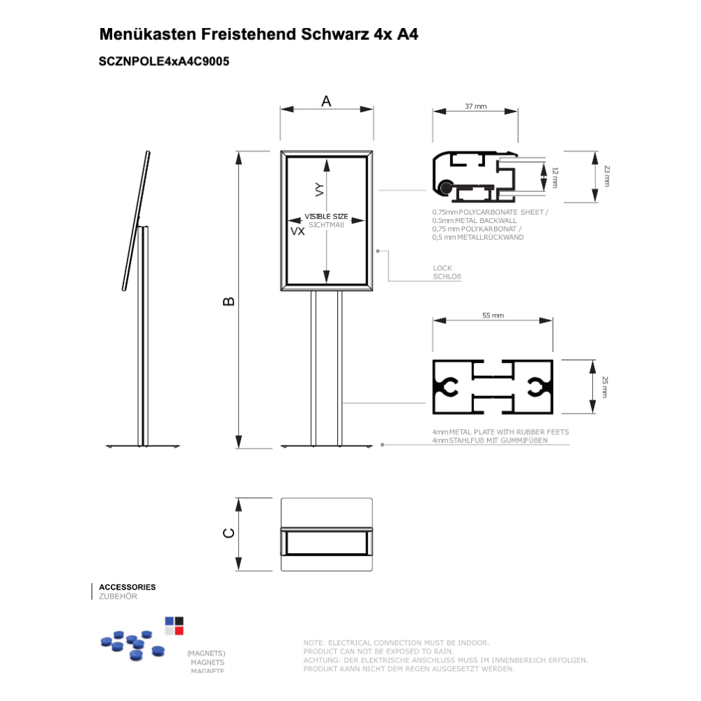 Maßskizze Menükasten Freistehend Schwarz / LED