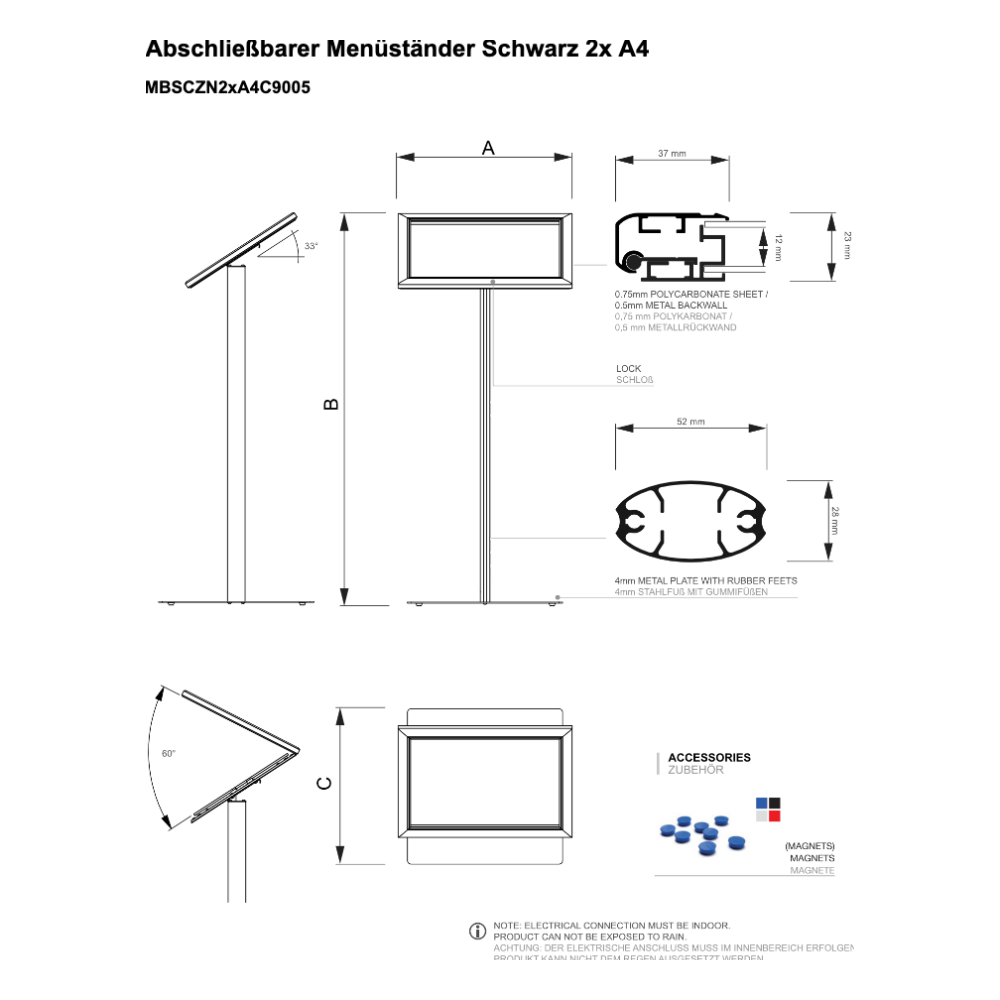 Maßskizze Menüständer Außen Schwarz / LED