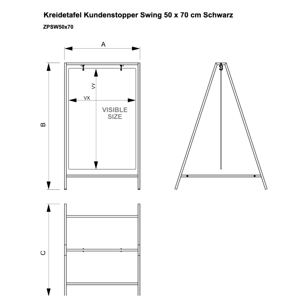 Maßskizze Kreidetafel Kundenstopper Swing 50 x 70 cm Schwarz