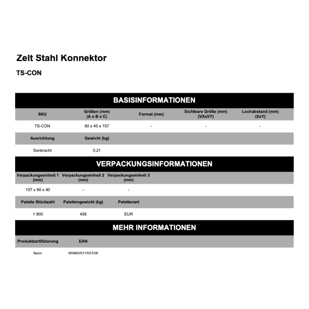 Maßskizze Zelt Stahl Konnektor