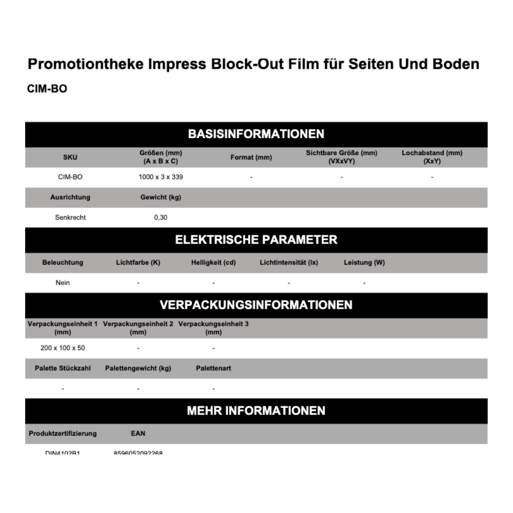 Maßskizze Promotiontheke Impress Block-Out Film für Seiten Und Boden