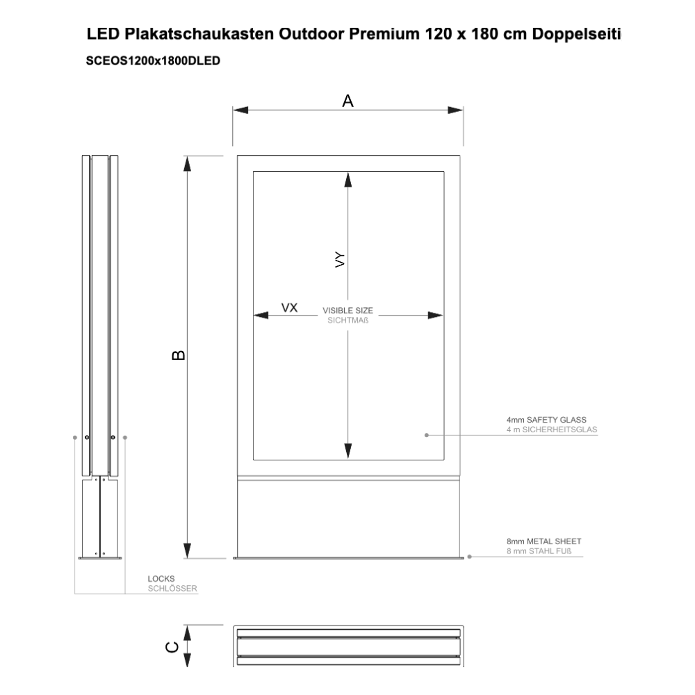 Maßskizze LED Plakatschaukasten Outdoor Premium 120 x 180 cm Doppelseitig