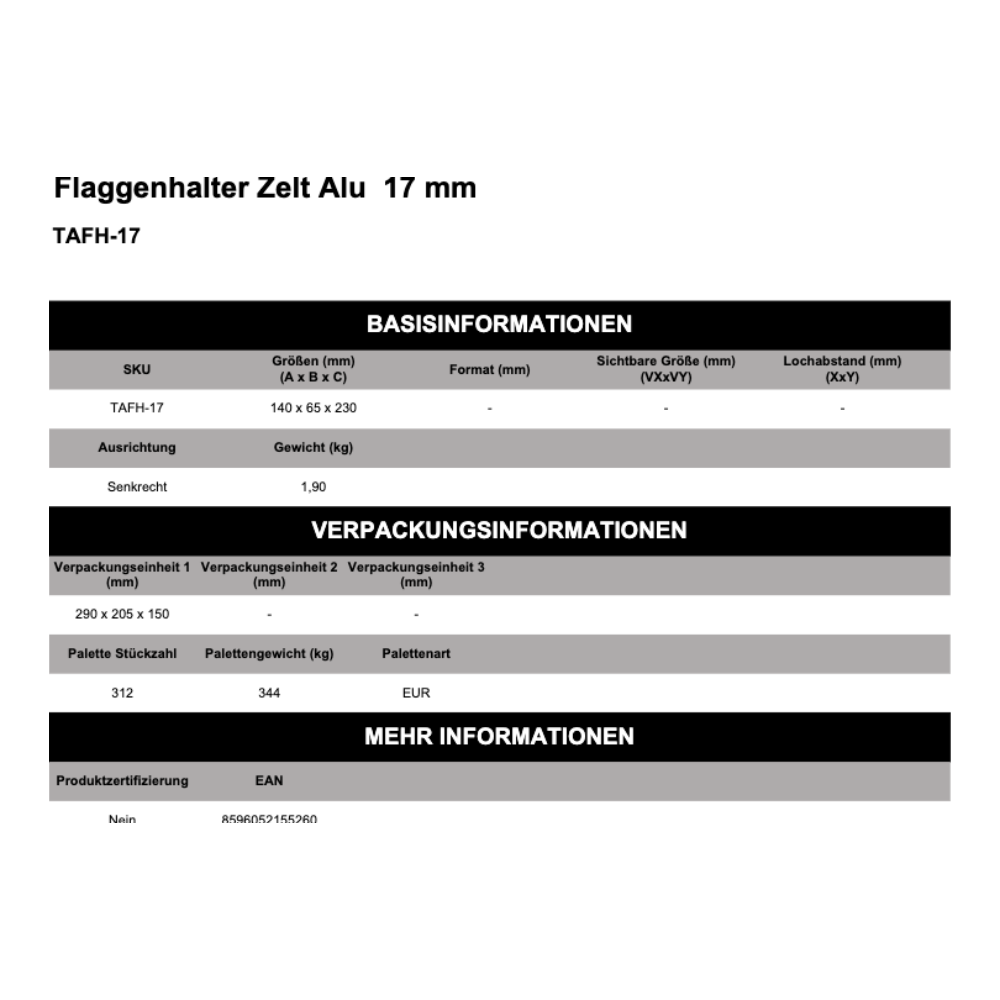 Maßskizze Flaggenhalter Zelt Alu 17 mm