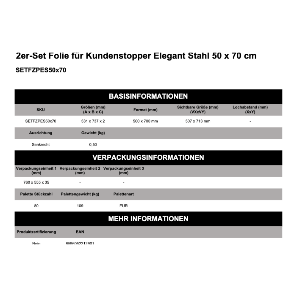 Maßskizze Folie für Kundenstopper Elegant Steel