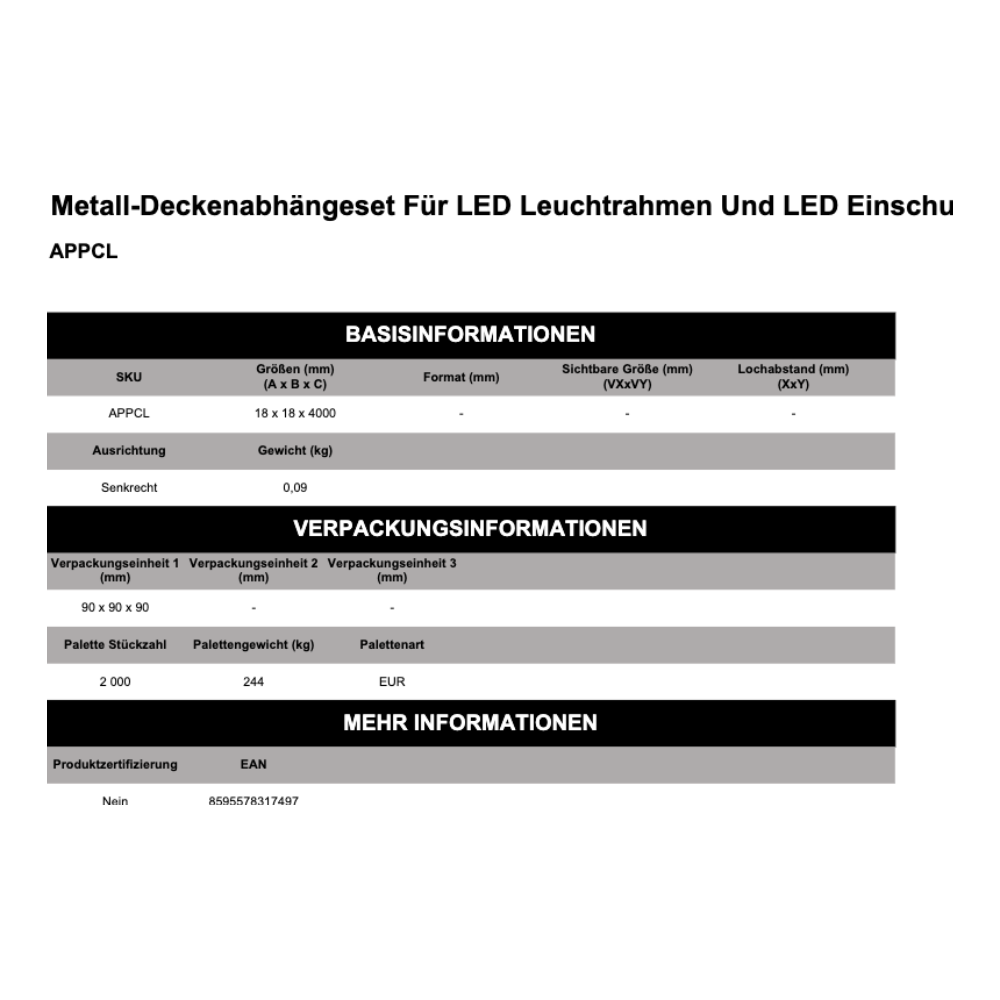 Maßskizze Metall-Deckenabhängeset Für LED Leuchtrahmen Und LED Einschubrahmen
