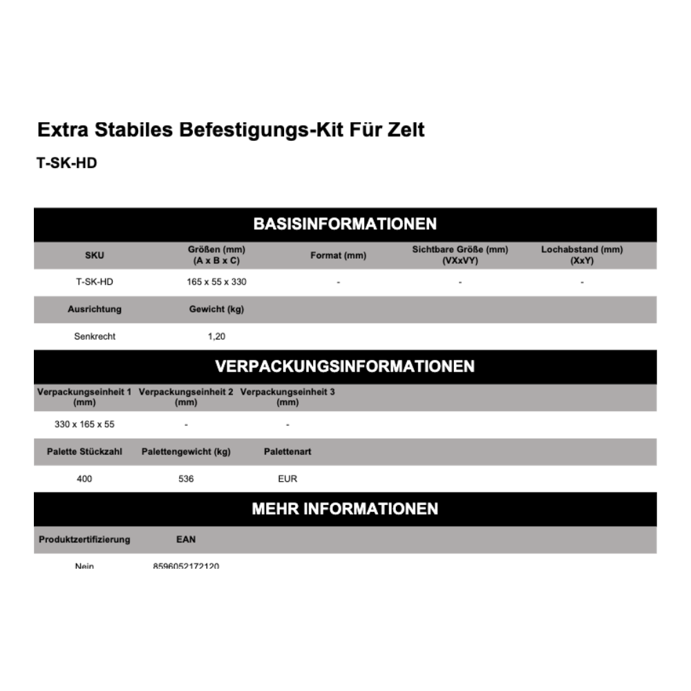 Maßskizze Extra Stabiles Befestigungs-Kit Für Zelt