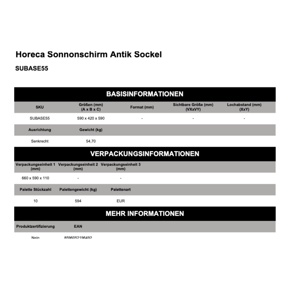 Maßskizze Horeca Sonnonschirm Antik Sockel