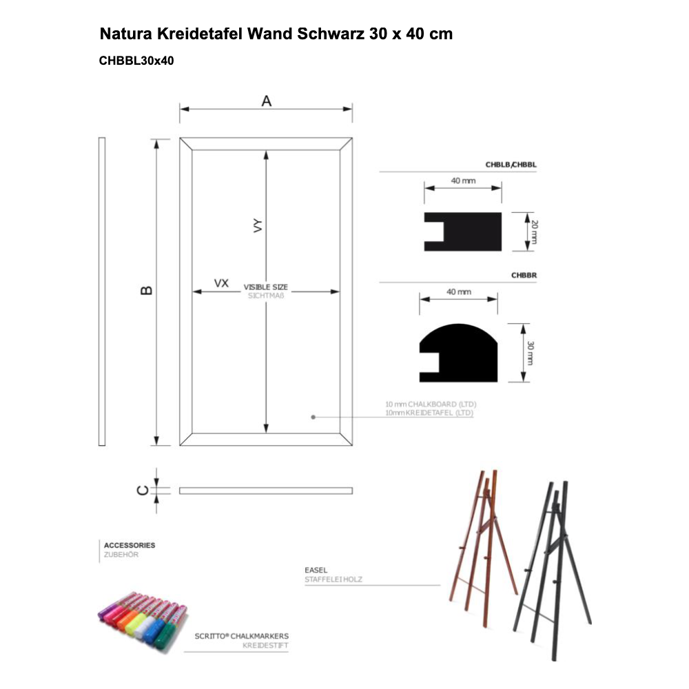 Maßskizze Natura Kreidetafel Holz