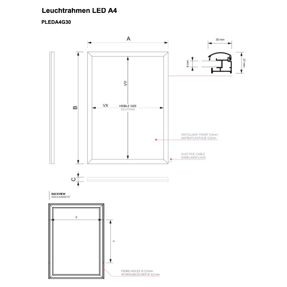 Maßskizze Leuchtrahmen LED