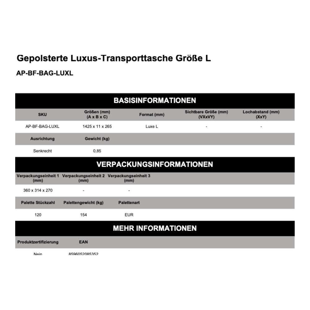 Maßskizze Gepolsterte Luxus-Transporttasche