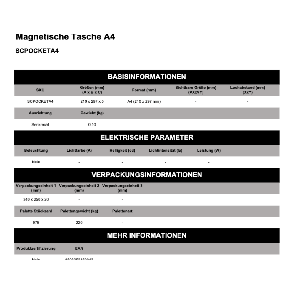 Maßskizze Magnetische Tasche