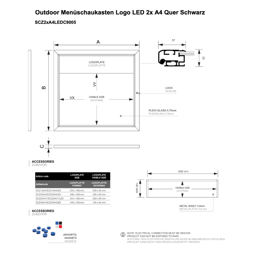 Maßskizze Outdoor Menüschaukasten Logo / LED