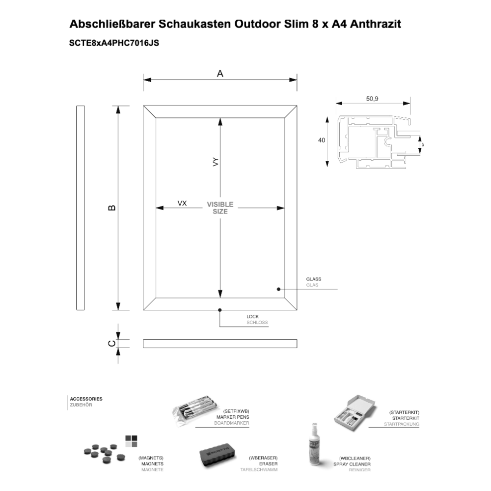 Maßskizze Schaukasten Outdoor Slim