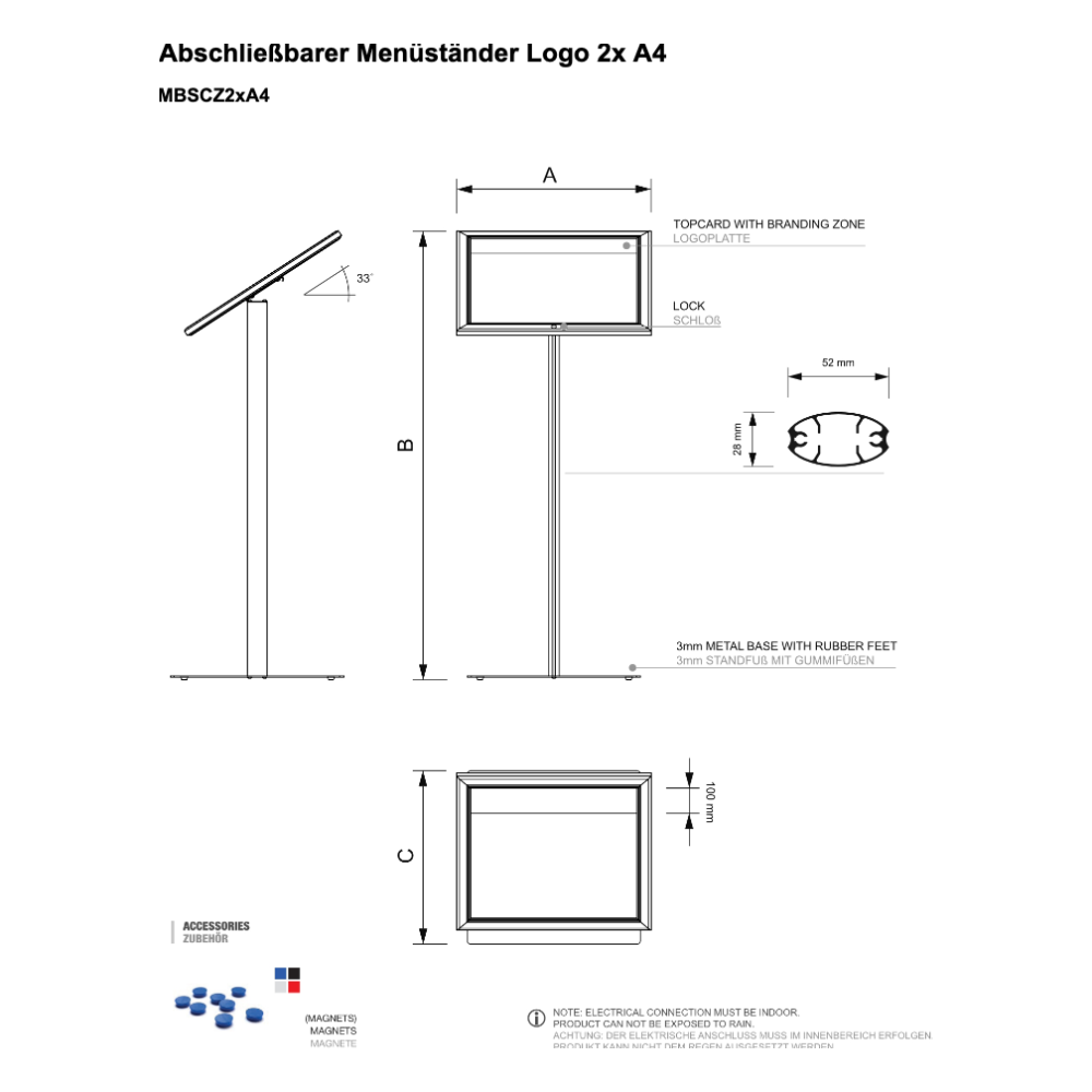 Maßskizze Menüständer Freistehend Logo / LED