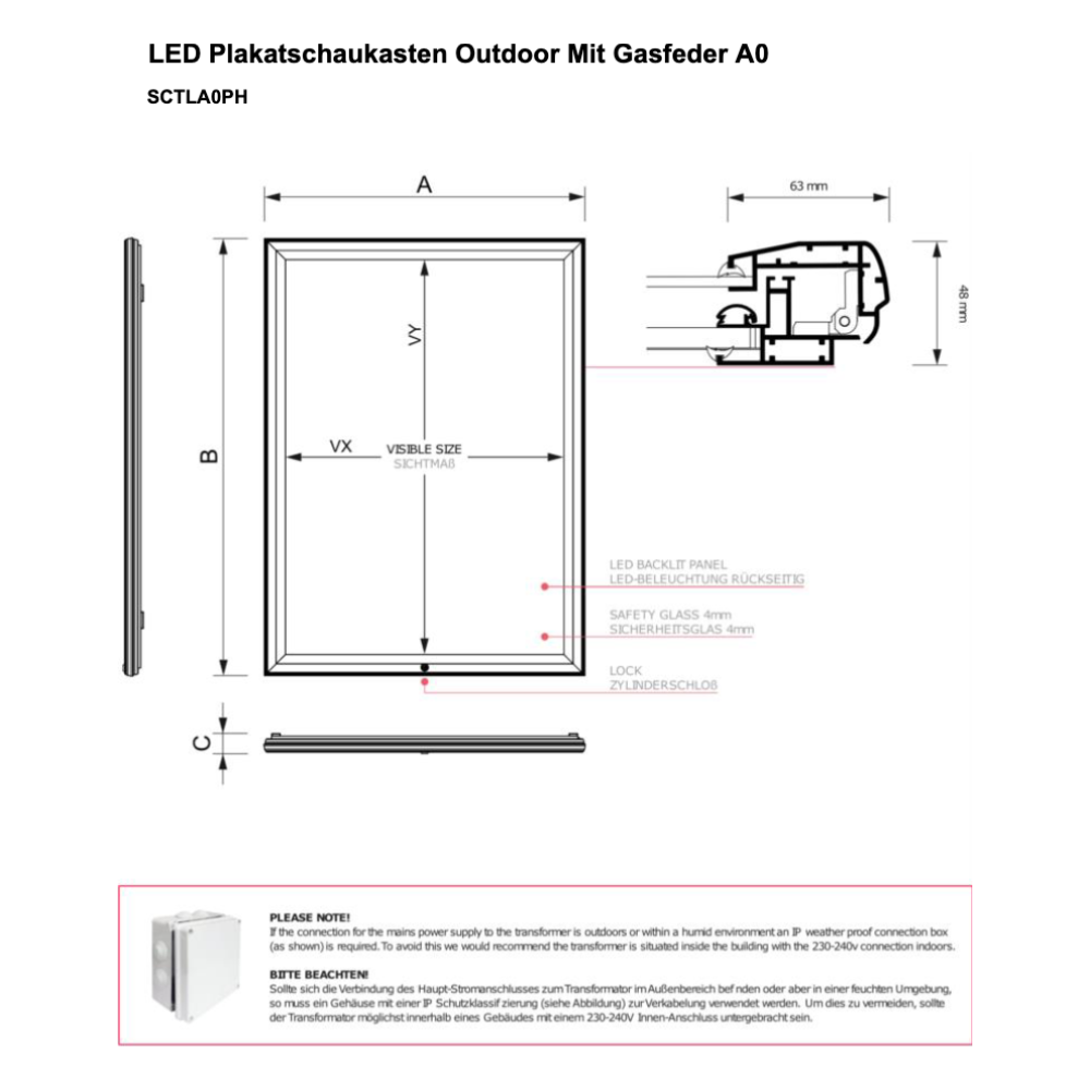 Maßskizze LED Plakatschaukasten Outdoor