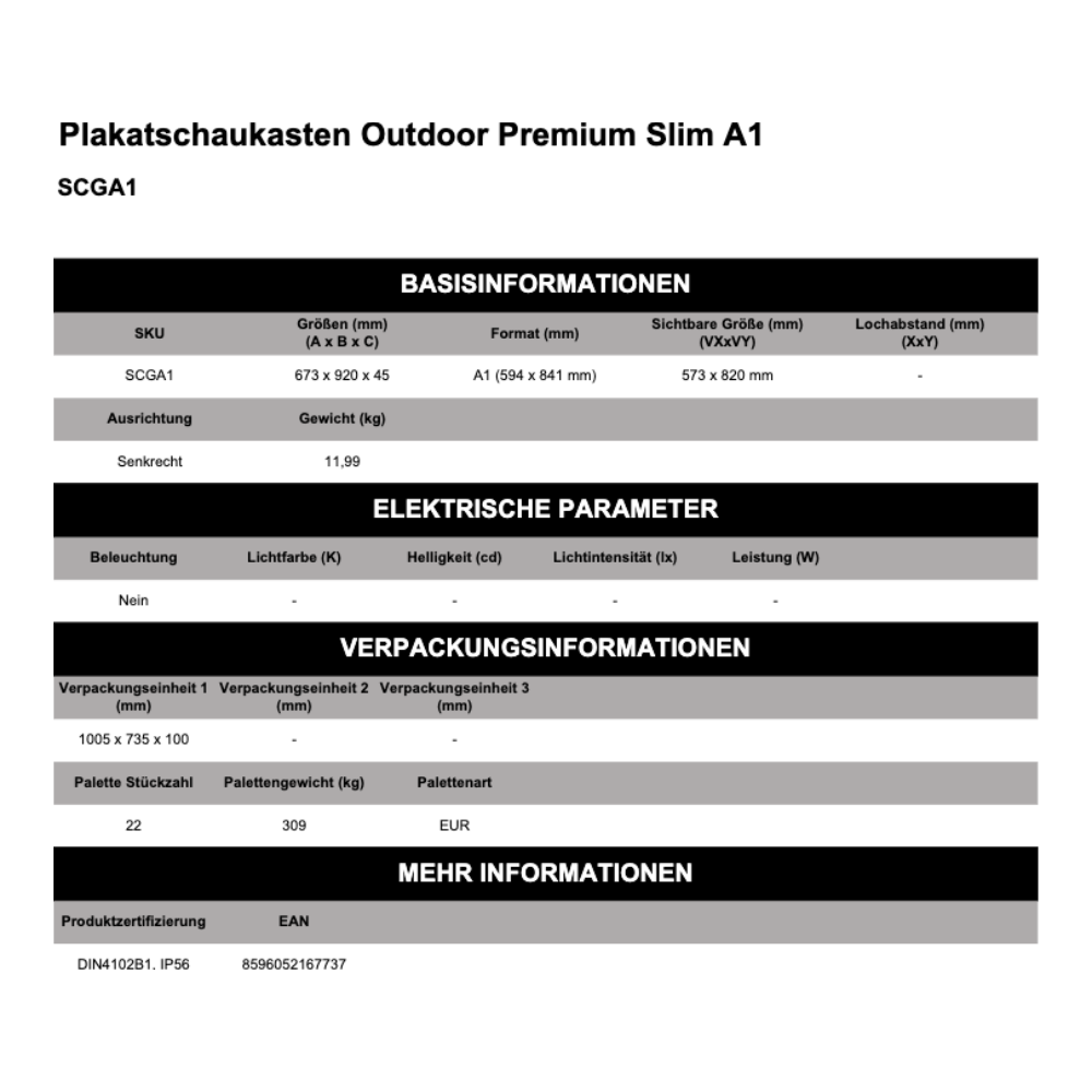 Maßskizze Plakatschaukasten Outdoor Premium Slim A1