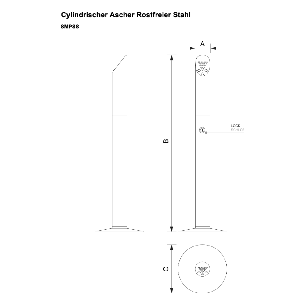 Maßskizze Cylindrischer Ascher Rostfreier Stahl