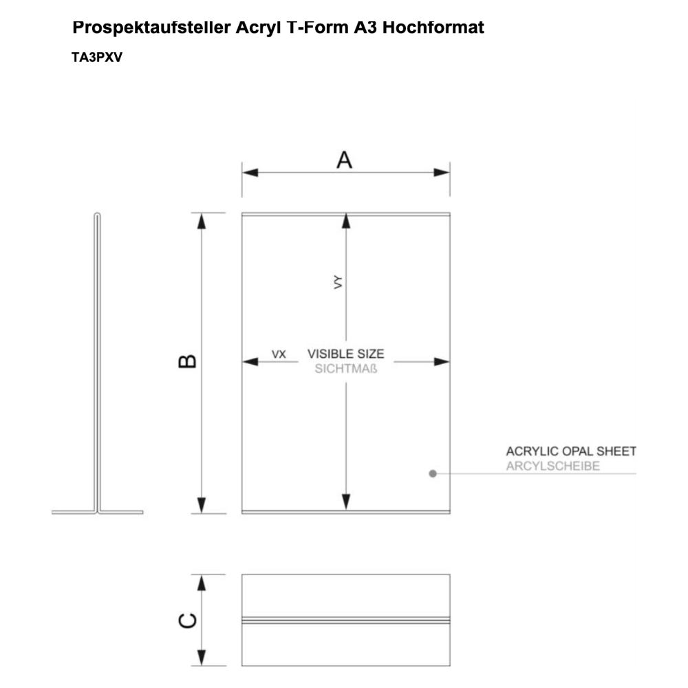 Maßskizze Prospektaufsteller Acryl T-Form