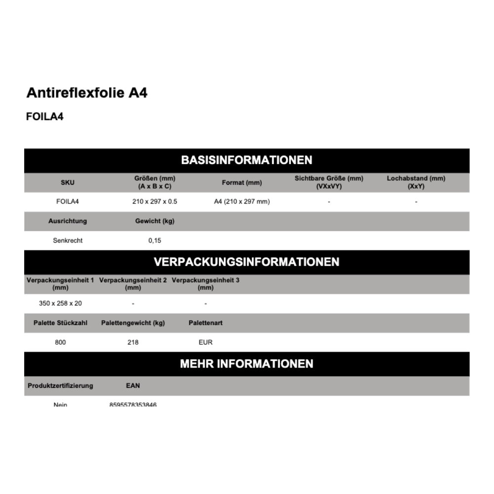 Maßskizze Antireflex Ersatzfolie Für Kundenstopper, Klapp- Und Leuchtrahmen