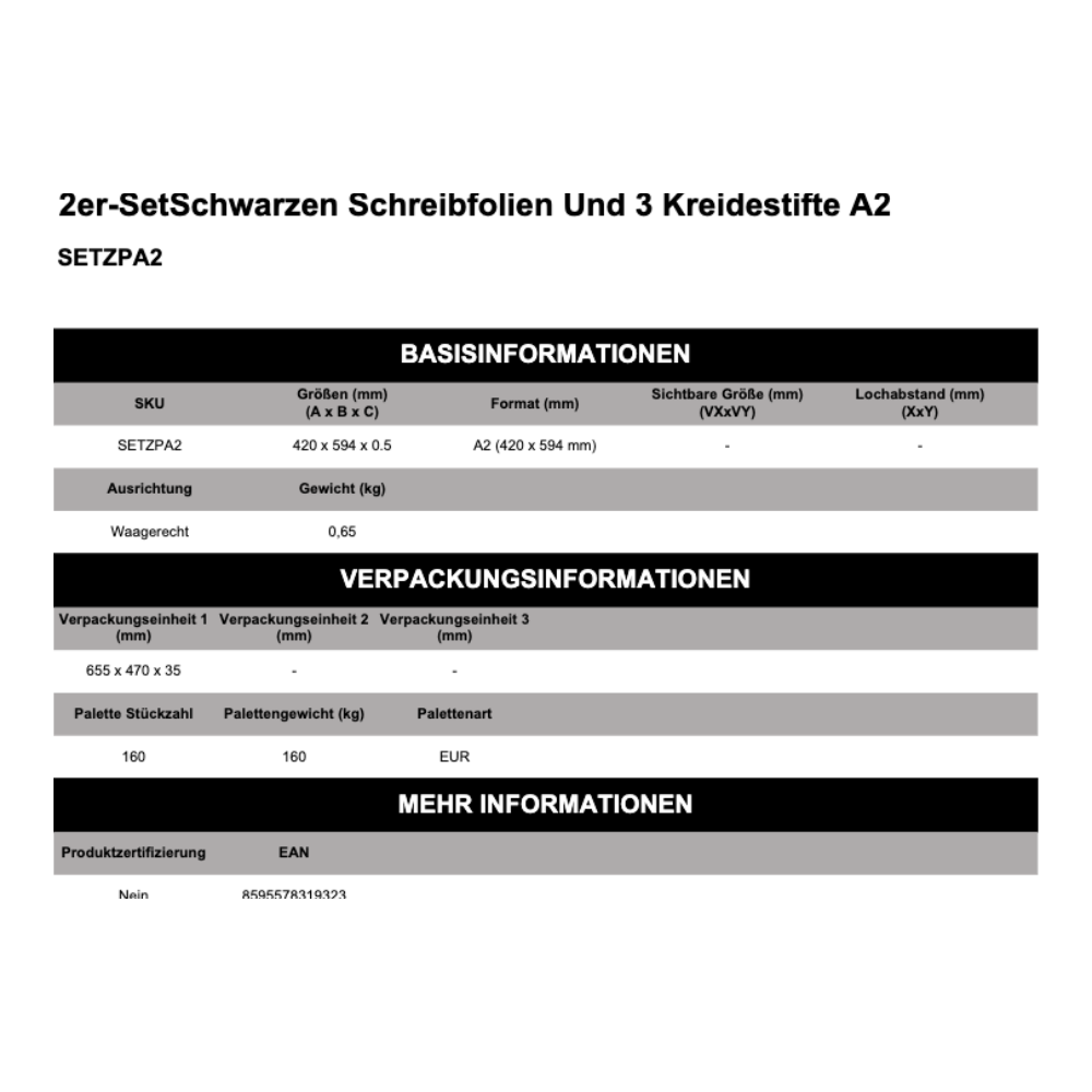 Maßskizze 2er-SetSchwarzen Schreibfolien Und 3 Kreidestifte A2