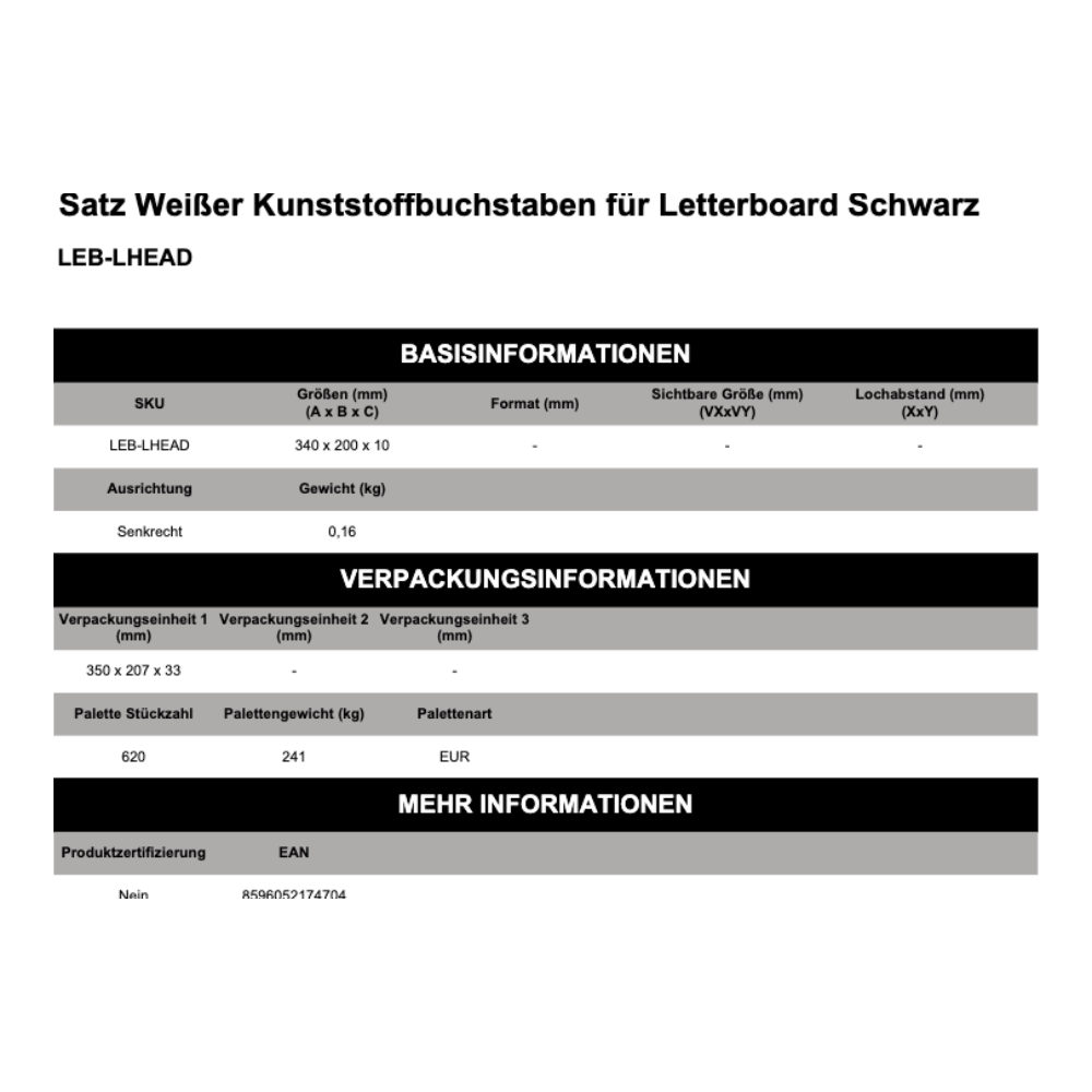 Maßskizze Satz Weißer Kunststoffbuchstaben für Letterboard Schwarz