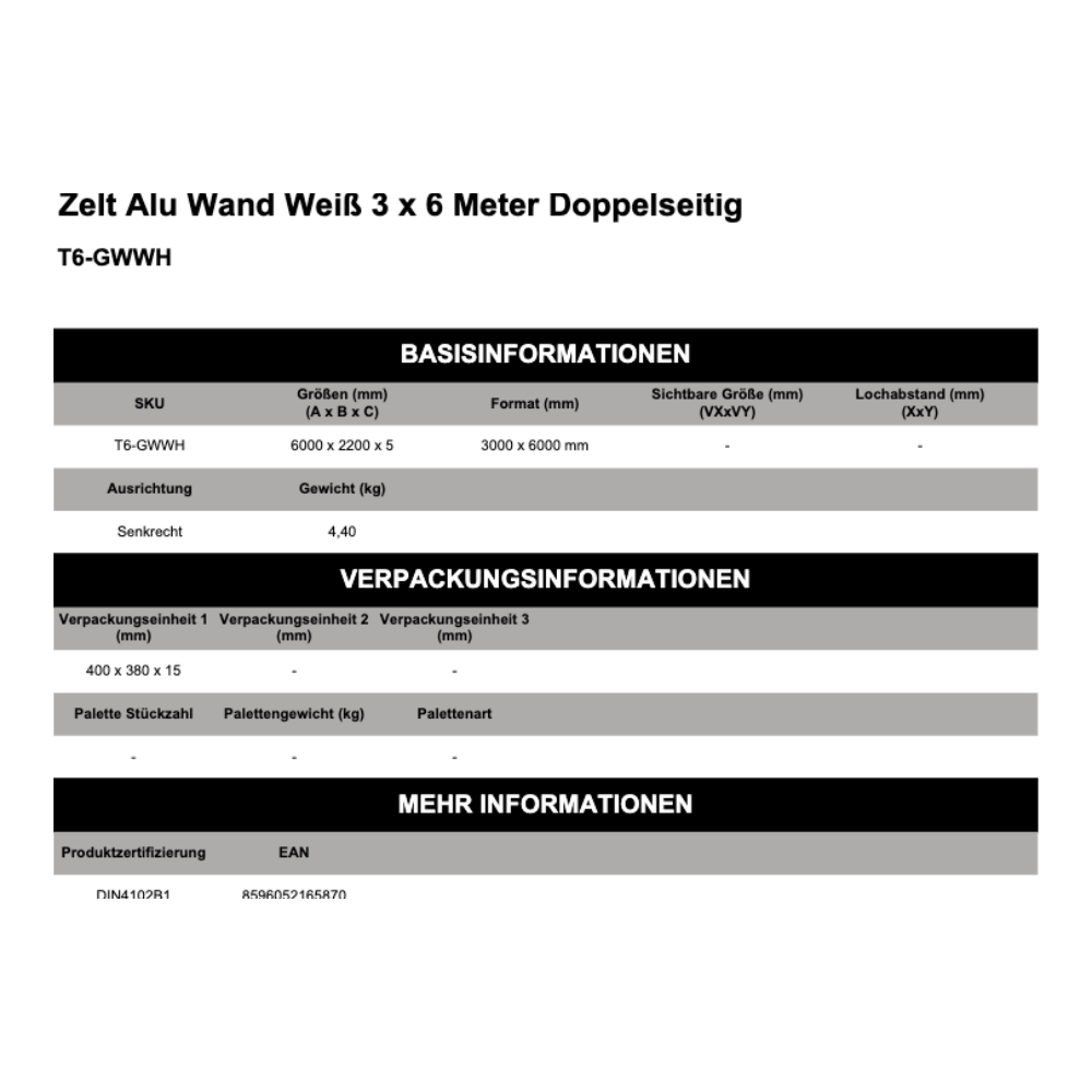 Maßskizze Zelt Alu Wand Weiß