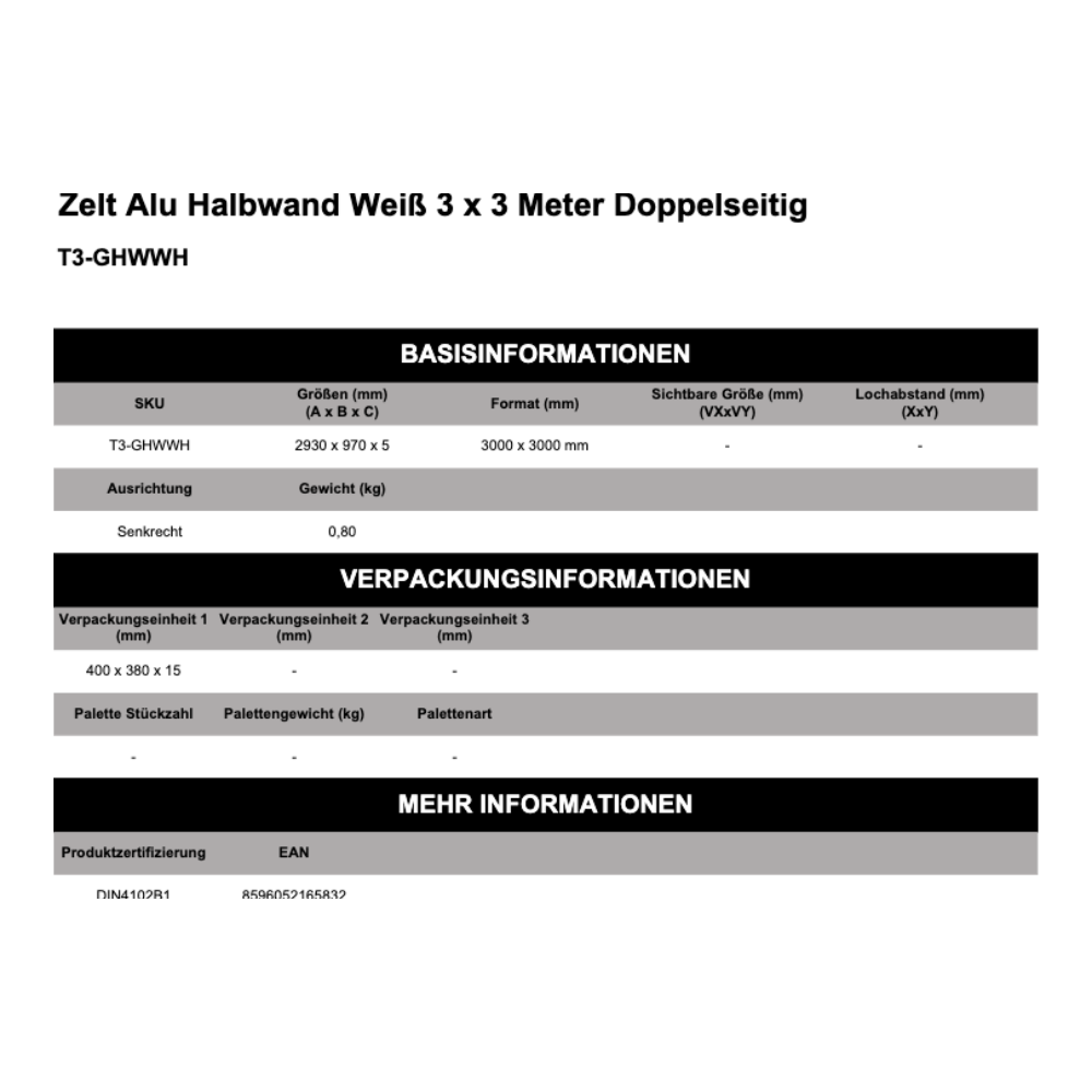 Maßskizze Zelt Alu Halbwand Weiß