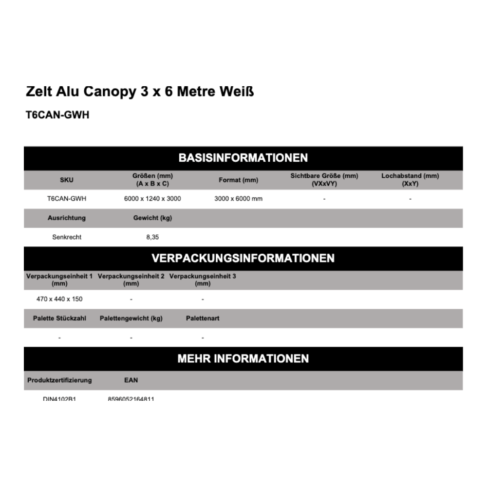 Maßskizze Zelt Alu Canopy Weiß