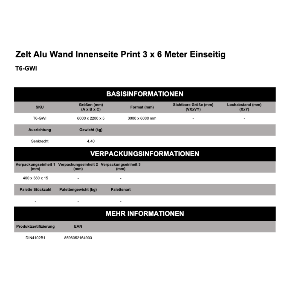 Maßskizze Zelt Alu Wand Innenseite Print Vivid Tent