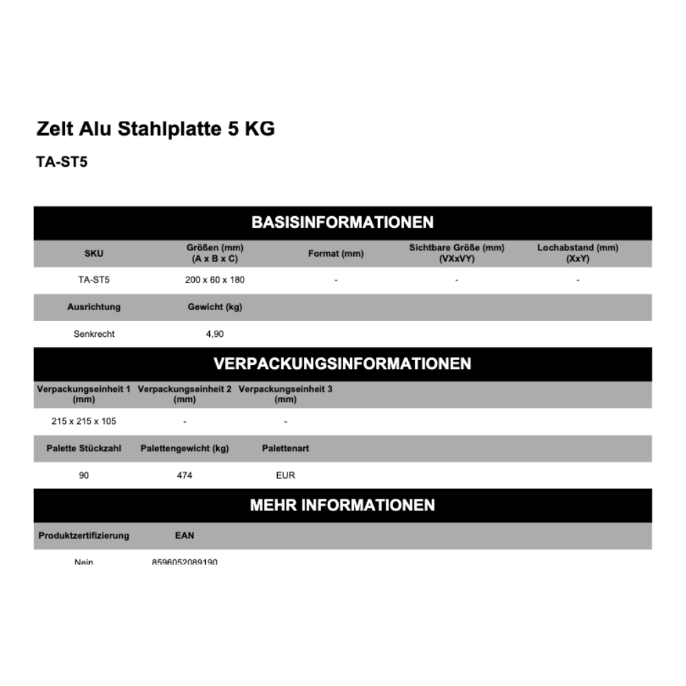 Maßskizze Zelt Alu Stahlplatte 5 KG