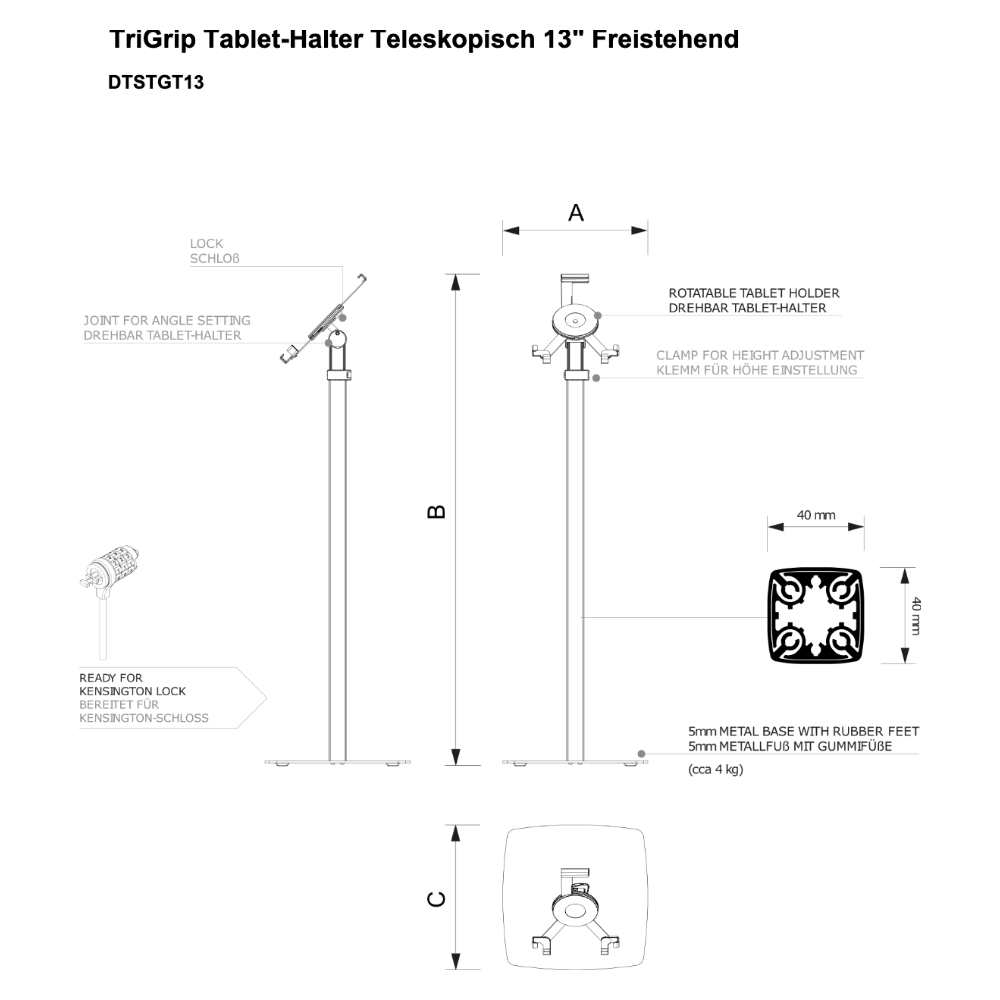 Maßskizze Trigrip Tablet-Ständer Teleskopisch