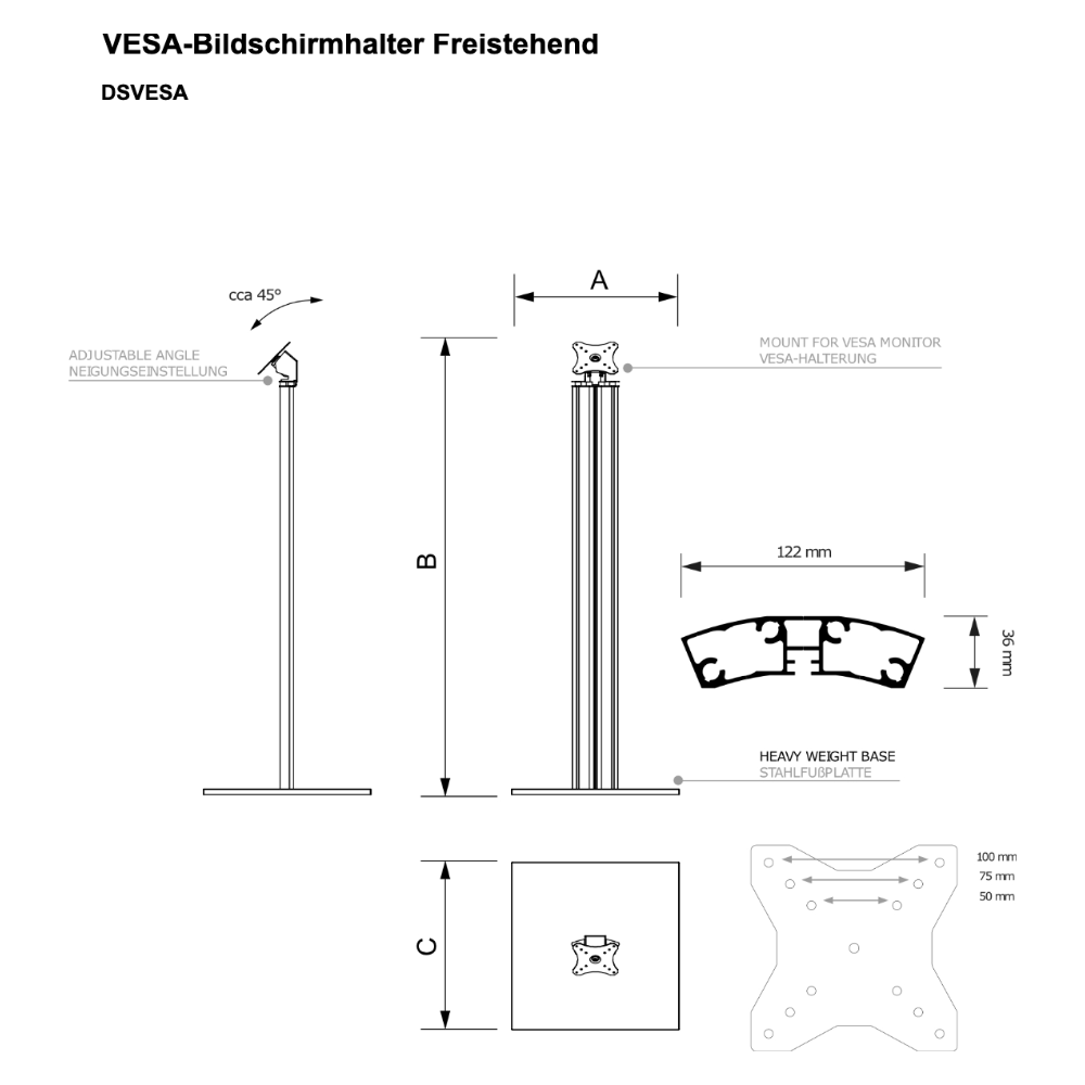 Maßskizze VESA-Bildschirmhalter Freistehend